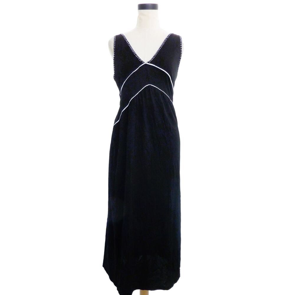 Zara Black V Neck Maxi Dress Size Small White Contrast 100% Cotton